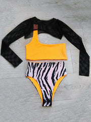 Long Sleeve Cover-Up Top One-Shoulder Bandeau High-Waisted Bikini Swimwear