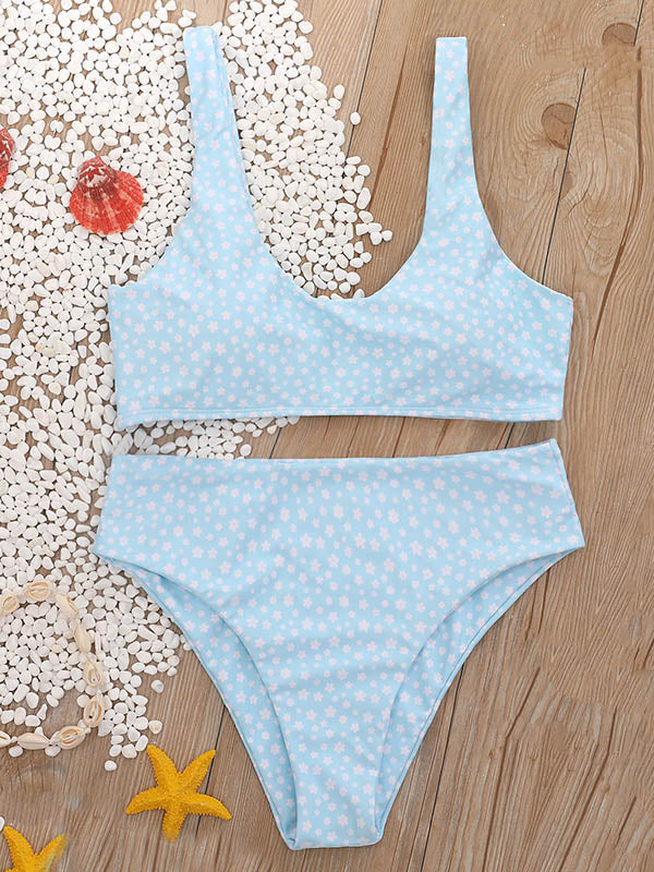 Floral-Print U-Neck Split Bikini Swimsuit