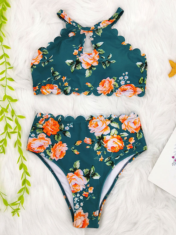 Neckholder-Bikini-Badeanzug mit Blumenmuster im Falbala-Stil 