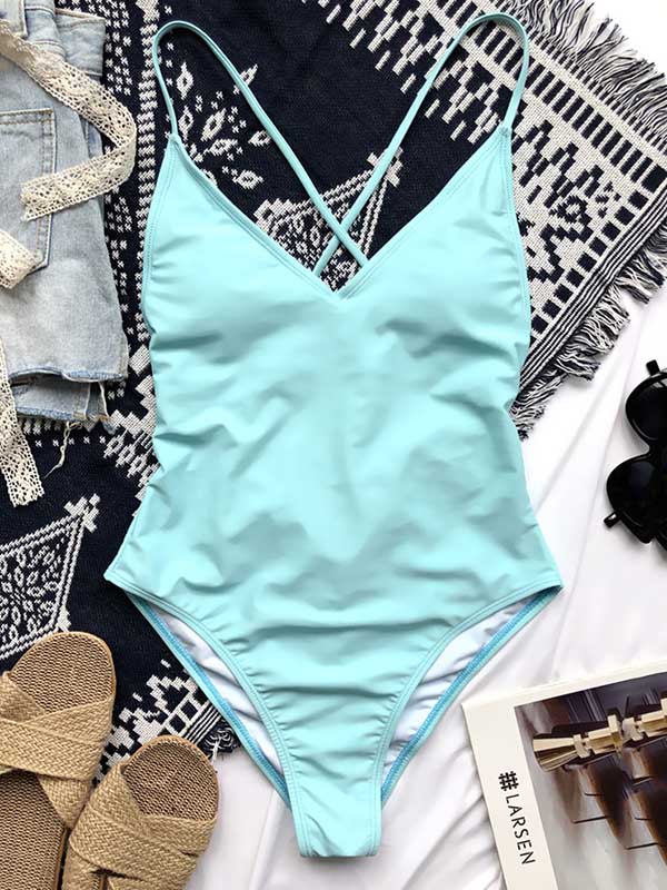 Solid Color V-Neck Backless Bandage Split Bikini Swimsuit