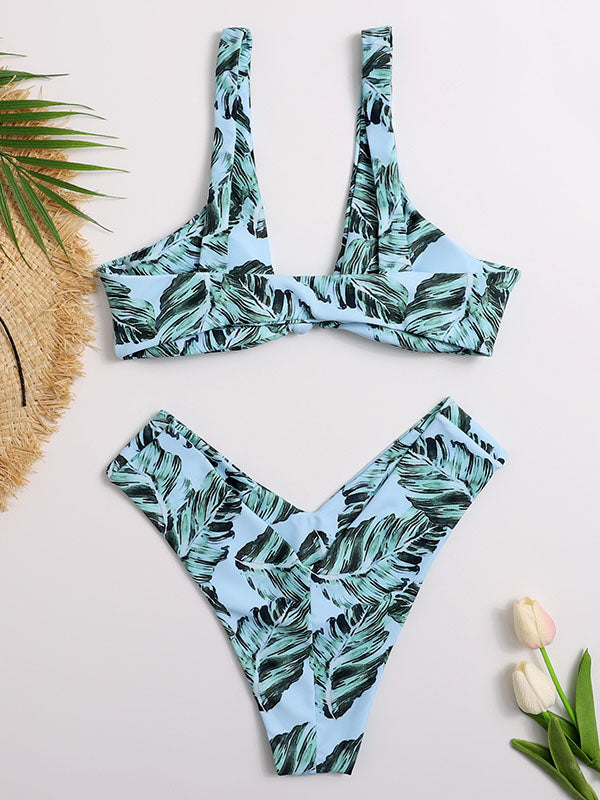 Leaf Print Knotted Backless Split Bikini Swimsuit