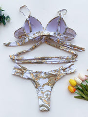 Bikini-Badeanzug mit Blumenmuster, Bügel und Bandage sowie Schlitz 