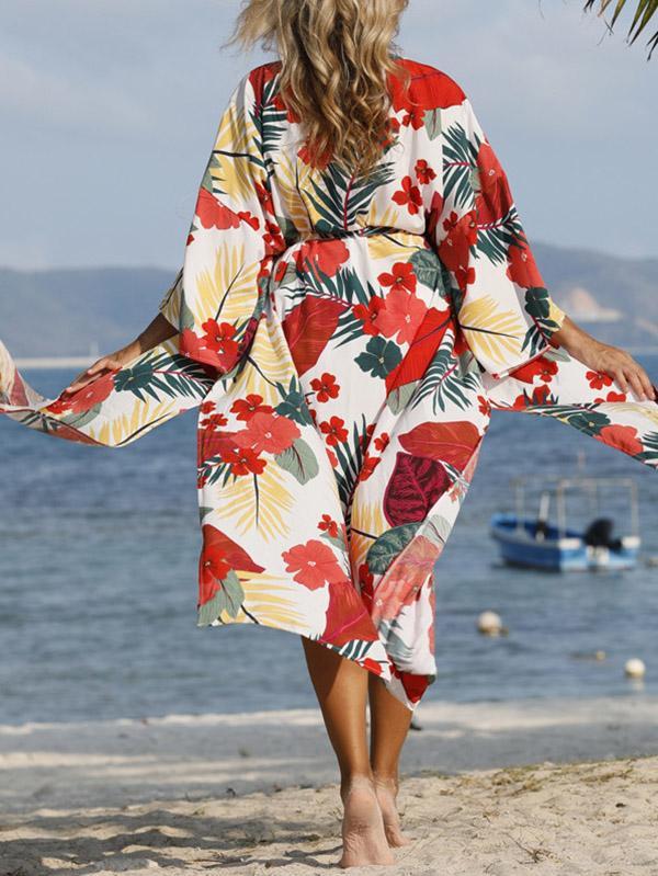 Floral-Print Belted Long Sleeve Tunicshang Cover-Ups