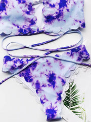 Tie-Dyed Floral-Print Deep V-Neck Bandage Split Bikini Swimsuit