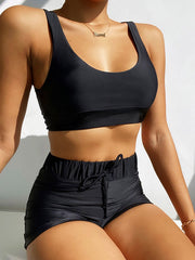 Schlichte ärmellose U-Ausschnitt-Bralette mit hoher Taille und Slip-Bikini-Bademode 