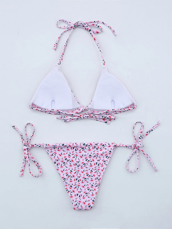 Floral-Print  Triangles Bandage Split Bikini Swimsuit