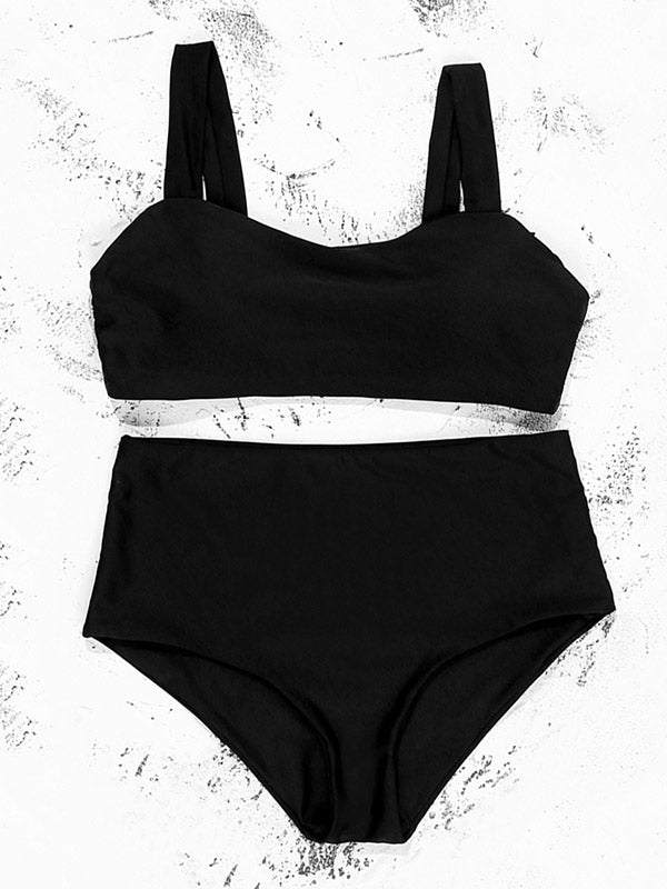 Einfarbiger Bikini-Badeanzug mit eckigem Ausschnitt und Empire-Schlitz 