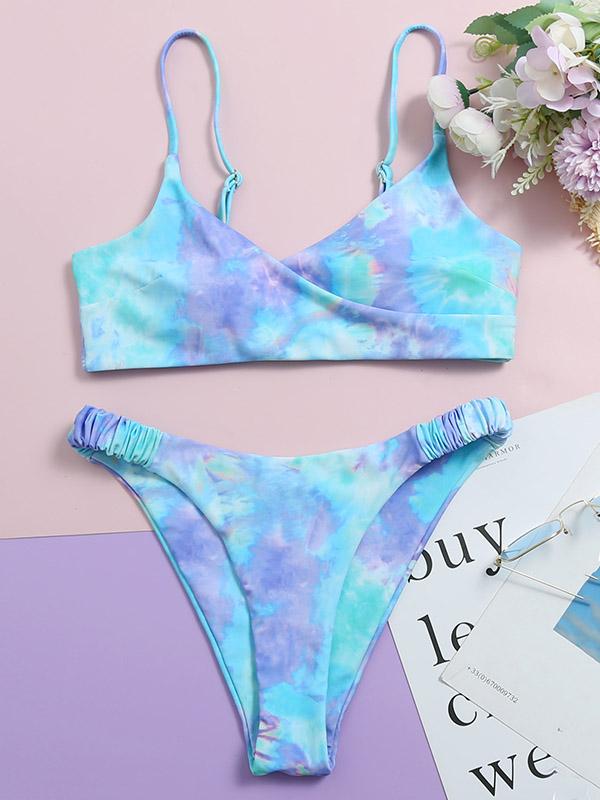 Tie-Dyed V-Neck Spaghetti-Neck Split Bikini Swimsuit