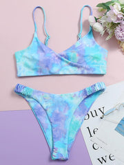 Tie-Dyed V-Neck Spaghetti-Neck Split Bikini Swimsuit