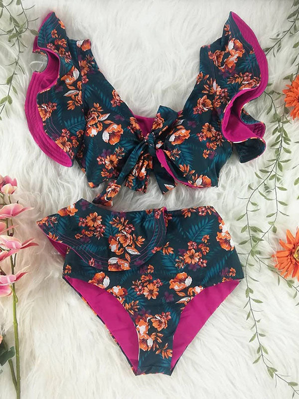 Bikini-Bademode mit Rüschen, Schleife und Blumenmuster und hoher Taille 