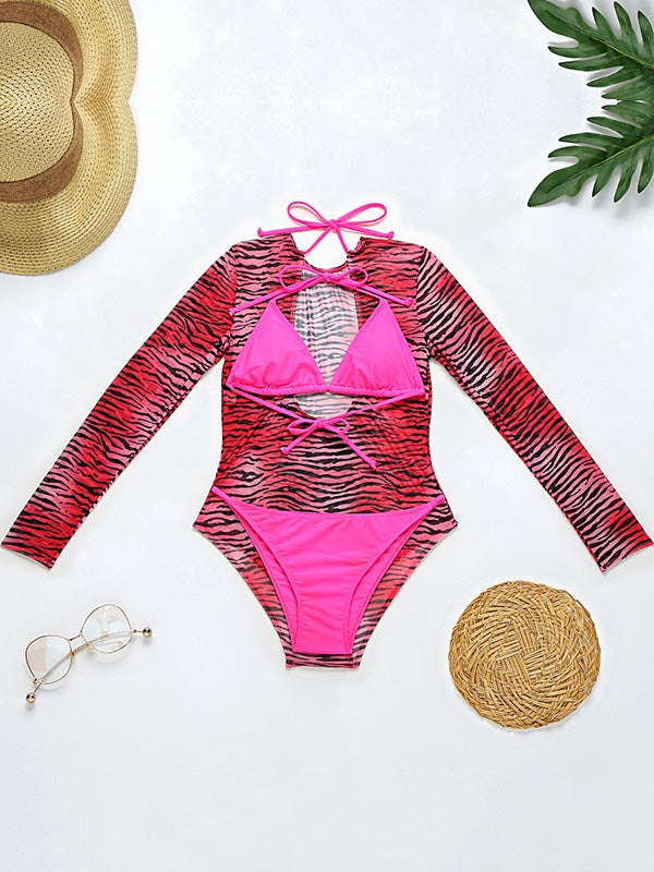 Long Sleeve Zebra Print Mesh Bikini Wetsuit Swimwear