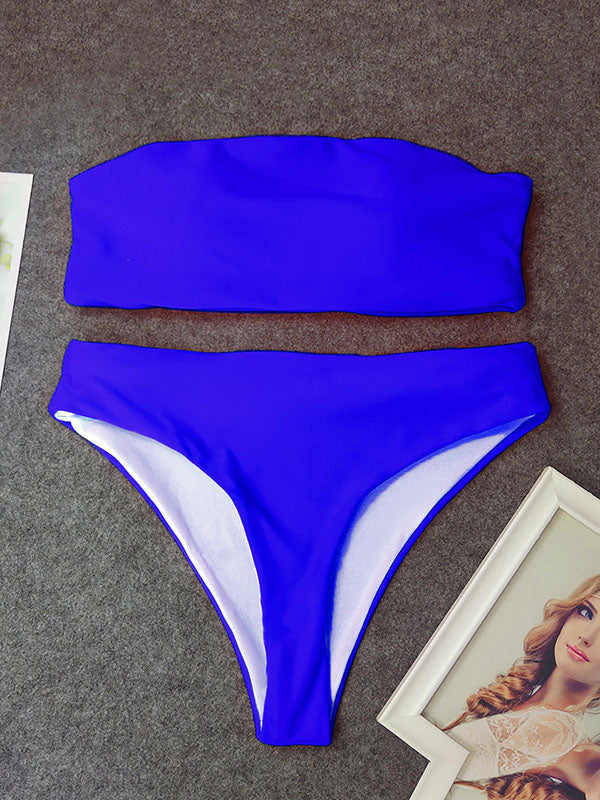 Solid Color Bandeau Split Bikini Swimsuit