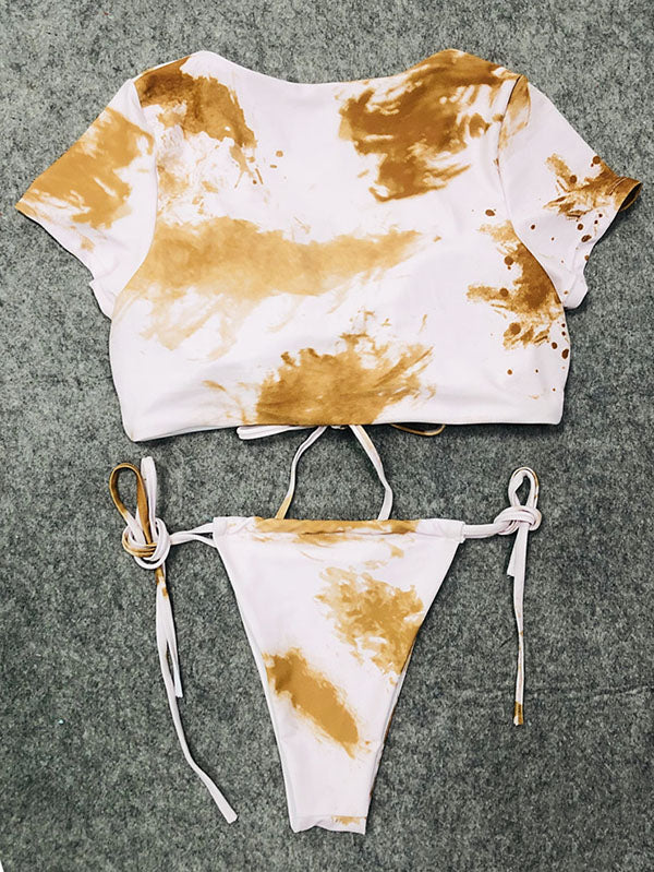 Tankini-Badeanzug mit Batikmuster, Kordelzug, kurzen Ärmeln und Schlitz 