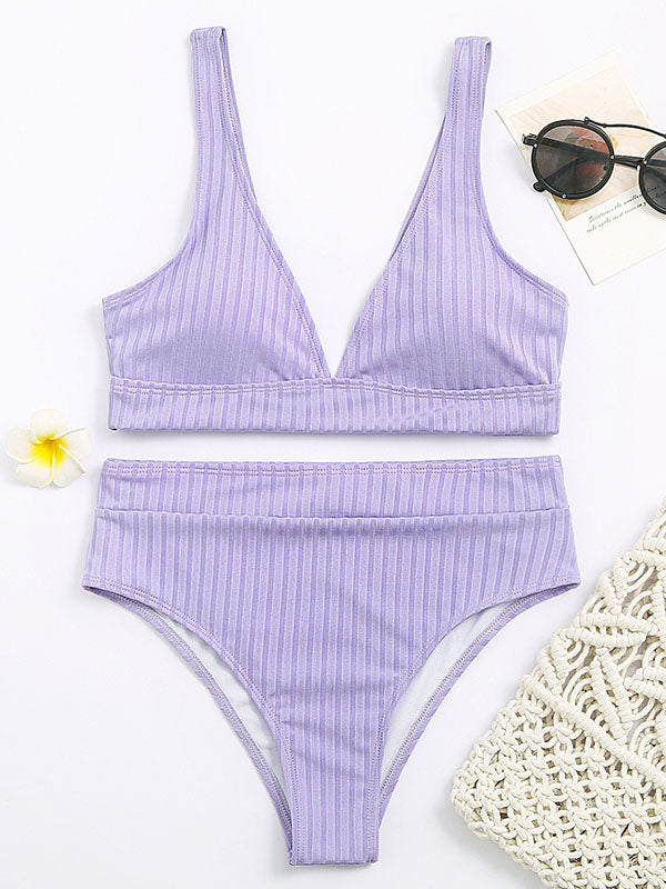 Solid Color Striped Deep V-Neck Split Bikini Swimsuit