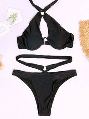 Solid Color Sexy Bandage Hollow  Split Bikini Swimsuit