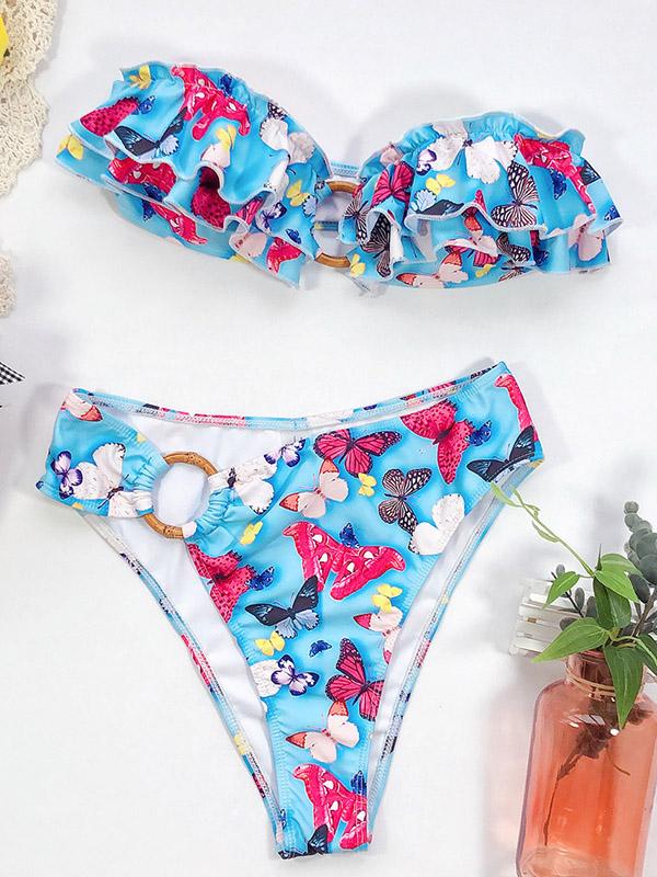 Bandeau-Bikini-Badeanzug mit Blumenmuster, Falbala, Stufendesign und Schlitz 