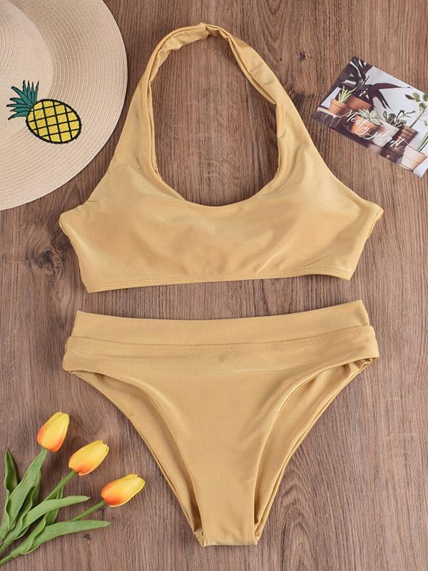 Solid Color Halterneck Bandage Split Bikini Swimsuit