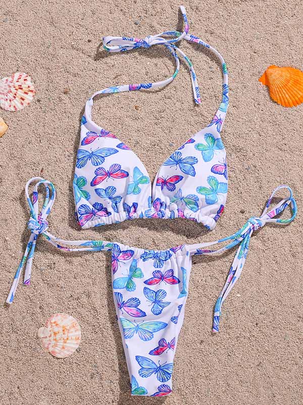 Floral-Print Gathered Bandage Triangles Split Bikini Swimsuit