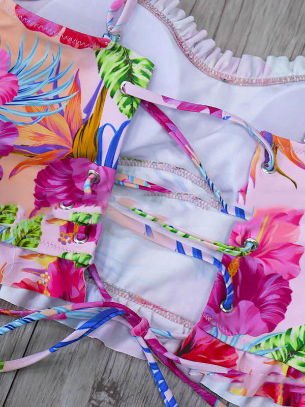 Floral-Print High-Waist Split Bikini Swimsuit