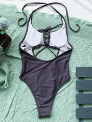 Solid Color Hollow Bandage One-Piece Swimwear