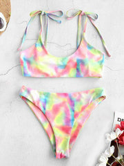 Gradient Printed Spaghetti-Neck Bandage Split Bikini Swimsuit