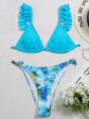 Floral-Print Color-Block Falbala Triangles Split Bikini Swimsuit