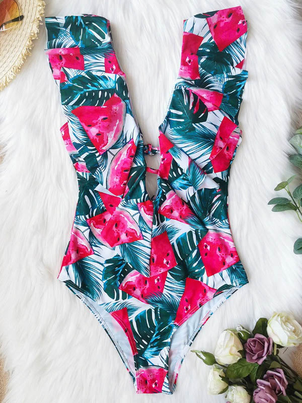 Floral Printed Falbala One-Piece Swimsuit