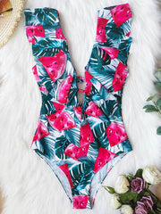 Floral Printed Falbala One-Piece Swimsuit