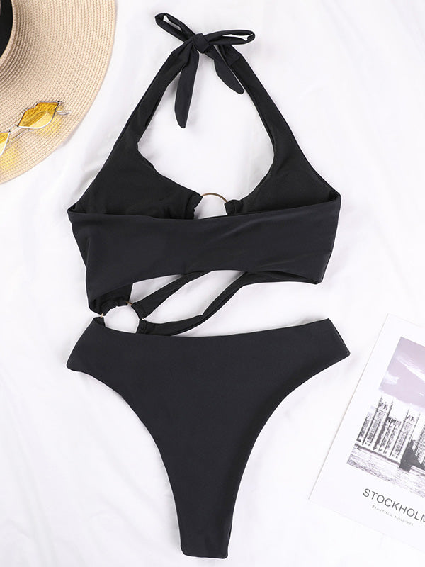 Solid Color Halterneck Split-Joint Hollow Monokini One-Piece Swimwear