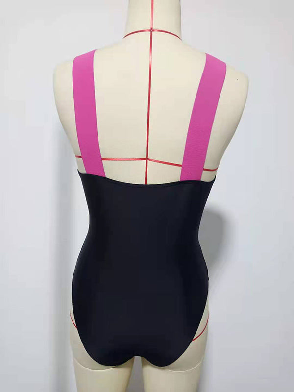 Sleeveless V-Neck Underwired Color-Block Elasticity One-Piece Swimwear