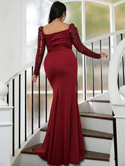 Plus Size Sequin Sleeve Mermaid Burgundy Evening Dress PXL053