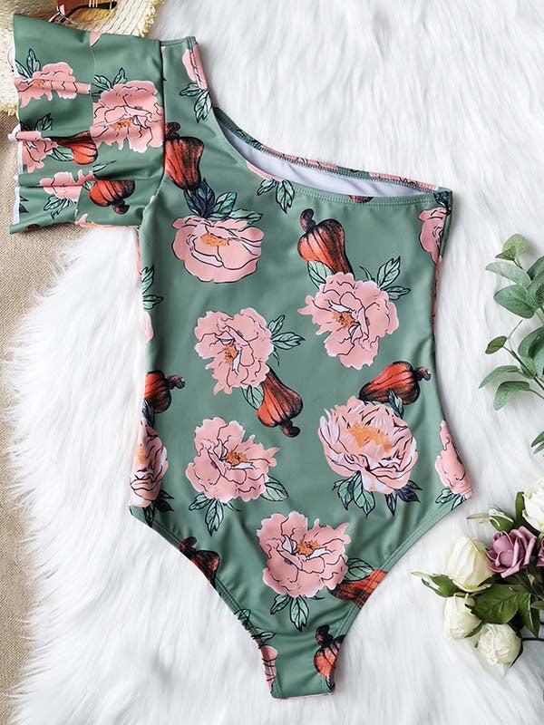 One-Shoulder Floral One-Piece Swimsuit