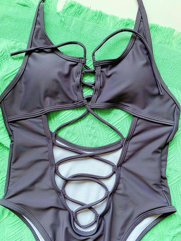 Solid Color Hollow Bandage One-Piece Swimwear