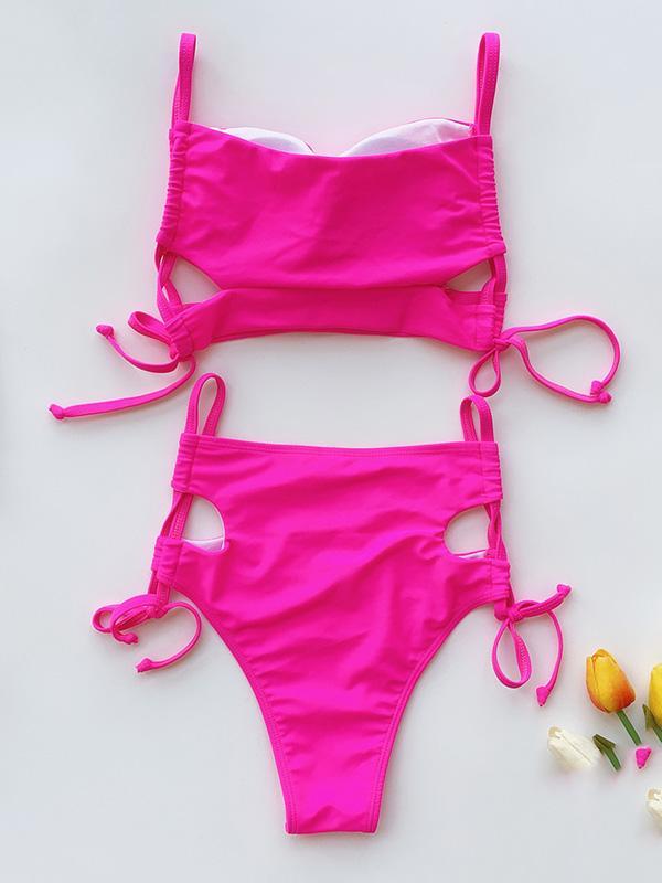 Solid Color Hollow Bandage Split Bikini Swimsuit