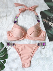 Gorgeous Embellished Halterneck Split Bikini Swimsuit