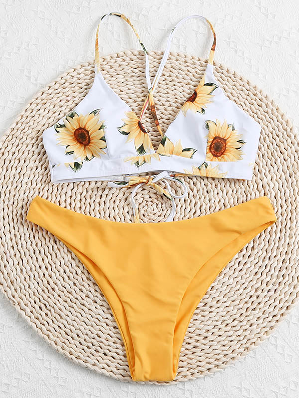 Rückenfreier Bikini-Badeanzug mit Sonnenblumen-Bandage und Schlitz 