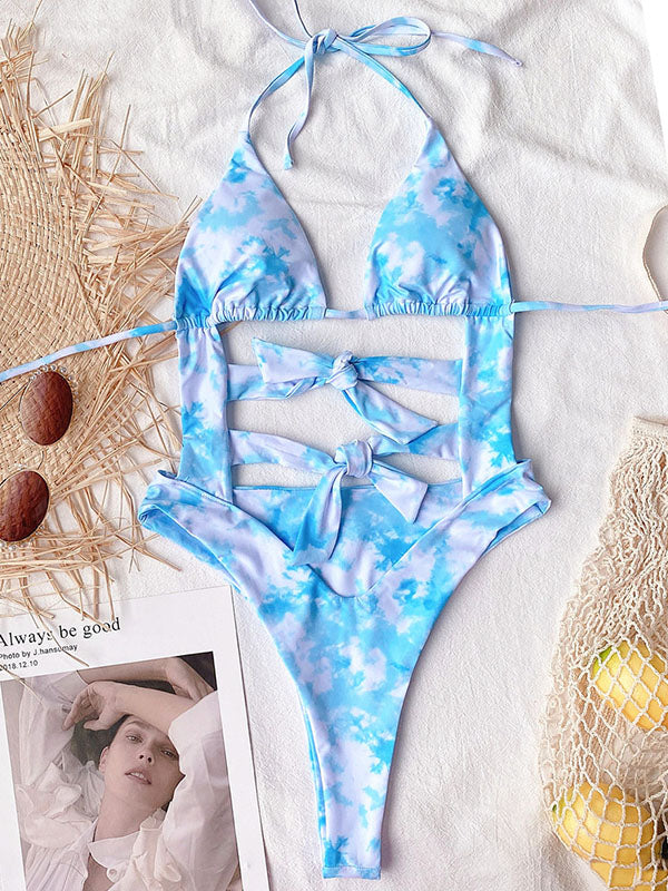 Sexy Solid Color Bandage Hollow One-Piece Swimsuit