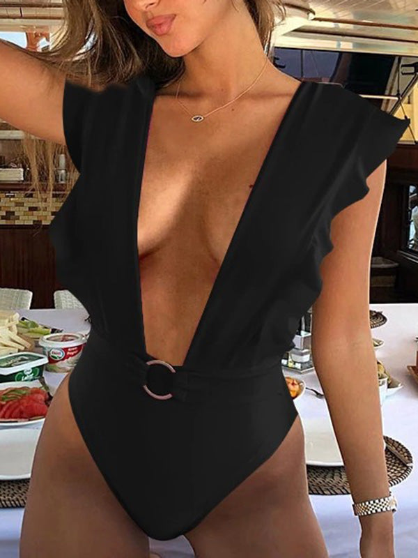 Ruffled Deep-V Neck One-Piece Swimwear