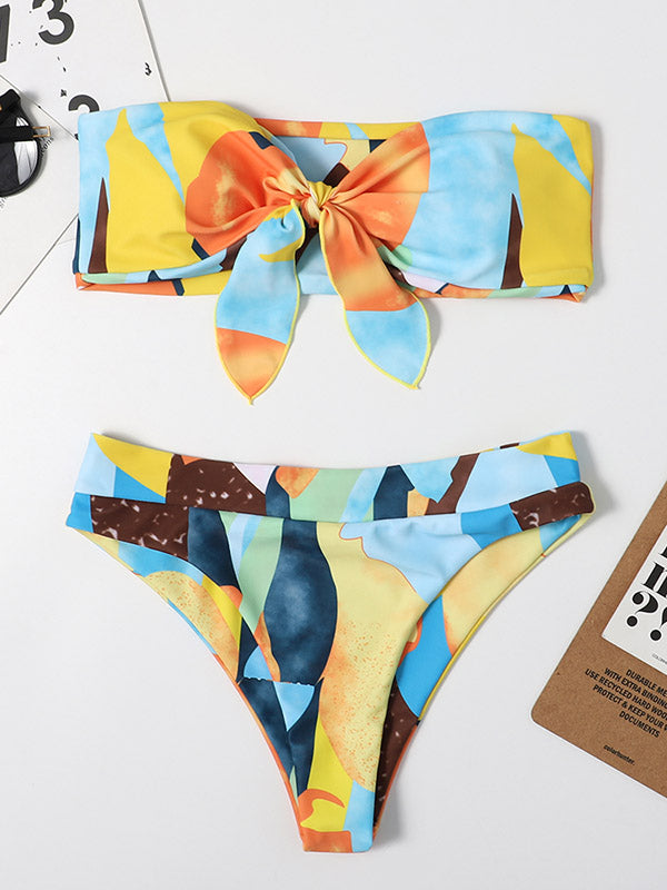 Floral Print Knotted Bandeau More Coverage Bikini Swimwear