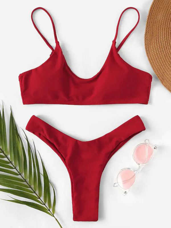 Solid Color Spaghetti-Neck Split Bikini Swimsuit