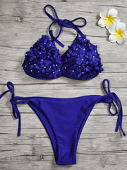 Flowers Embellished Triangles Bandage Split Bikini Swimsuit