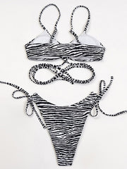 Zebra Print Padded Bandage Tie Side Bikini Swimwear