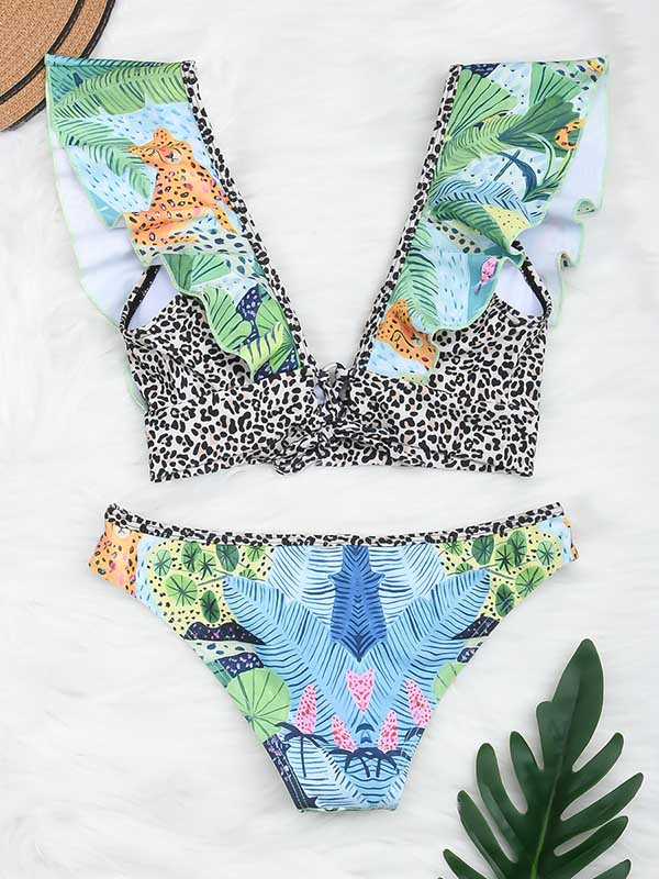 Floral Printed Deep V-Neck Falbala Bralette Hipster Bikini Swimwear