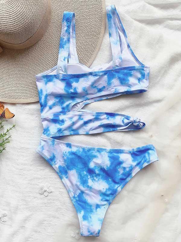 Tie-Dyed Gradient Printed Asymmetric Hollow One-Piece Swimwear