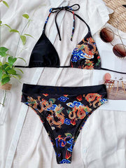 Asymmetrischer Bikini-Badeanzug mit Blumenmuster und Dreiecken 