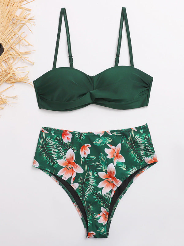 Floral-Print Color-Block Bandeau Split Bikini Swimsuit