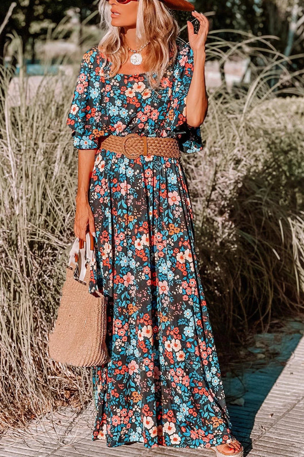 Sky Blue Boho Floral Print Knotted Backless Maxi Dress