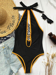 Solid Color Deep V-Neck Split-Joint One-Piece Swimwear