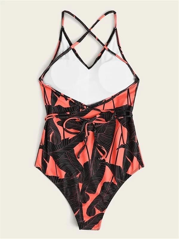 Vintage Print Backless Bandage Split Bikini Swimsuit