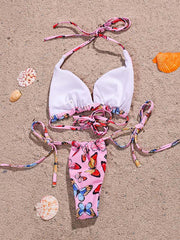 Floral-Print Gathered Bandage Triangles Split Bikini Swimsuit